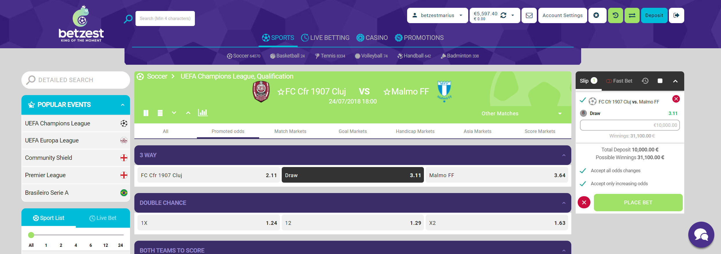 Bet on CFR Cluj vs Malmo. Betzest™ Get $/€5 no deposit, No wagering